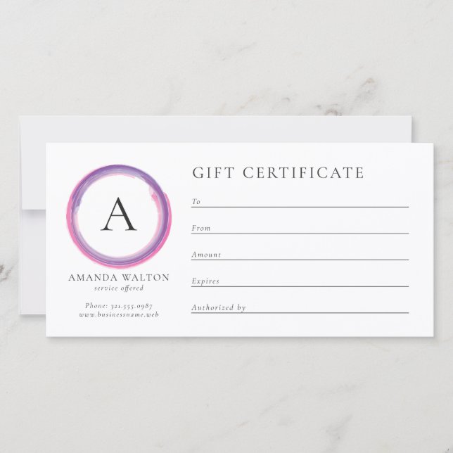 Pink and Purple Monogram Business Gift Certificate (Framsida)