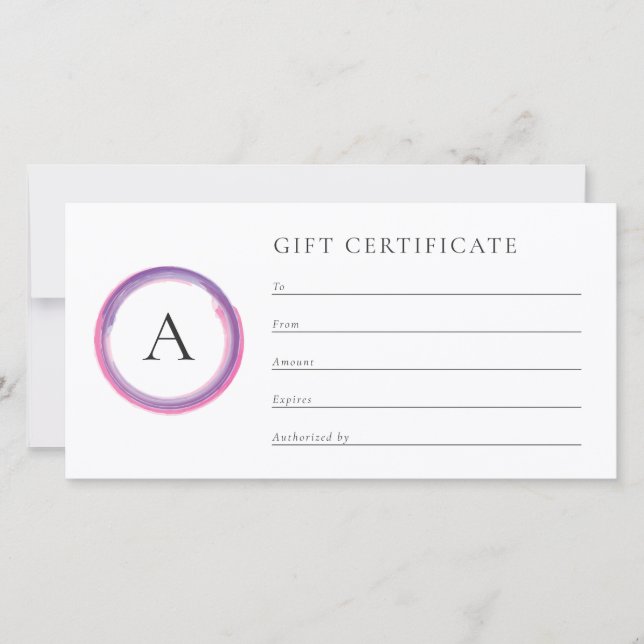 Pink and Purple Monogram Business Gift Certificate (Framsida)