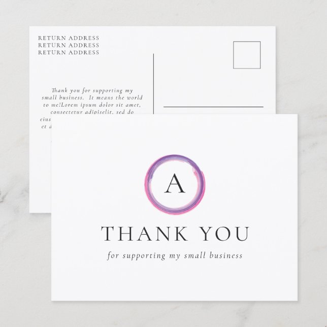 Pink and Purple Monogram Modern Business Thank You Vykort (Fram/baksida)
