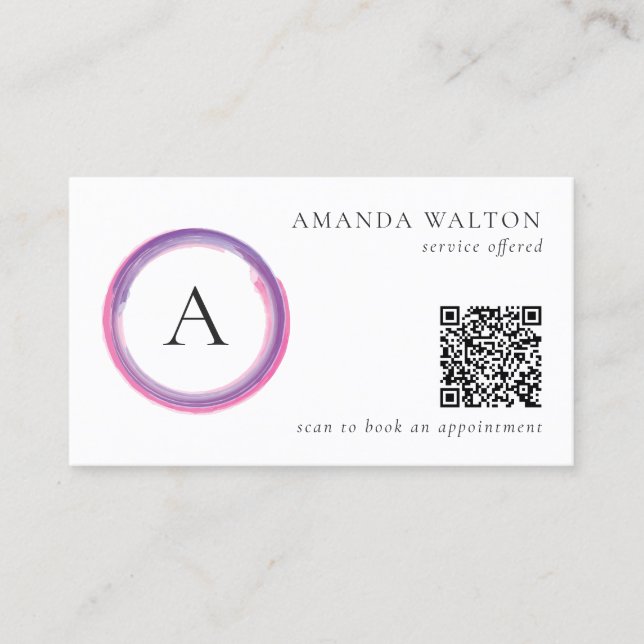 Pink and Purple Monogram QR Code Modern Visitkort (Framsida)