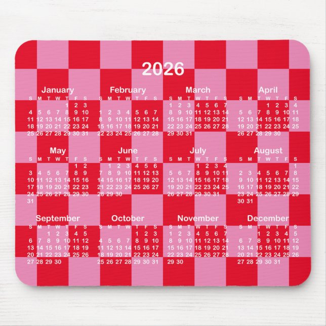 Pink and Red Checkerboard 2026 Calendar Musmatta (Framsidan)