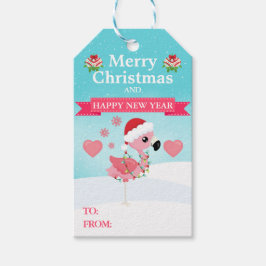 Pink and Red Christmas Flamingo Winter Presentetikett