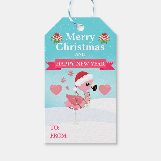 Pink and Red Christmas Flamingo Winter Presentetikett (Framsidan)