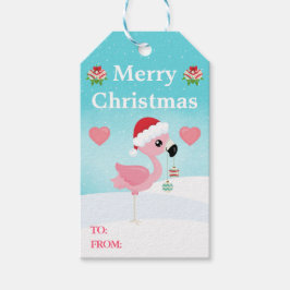 Pink and Red Christmas Flamingo Winter Presentetikett