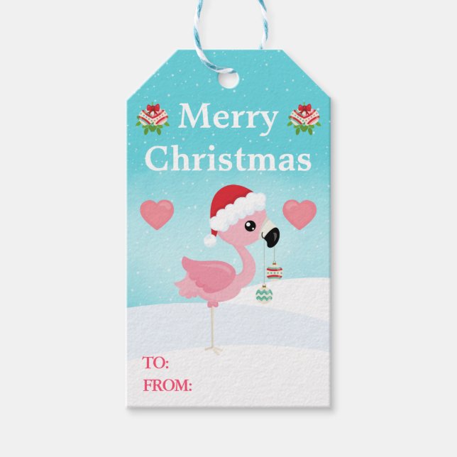 Pink and Red Christmas Flamingo Winter Presentetikett (Framsidan)
