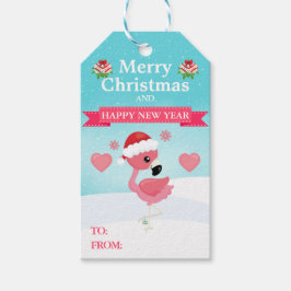 Pink and Red Christmas Flamingo Winter Presentetikett