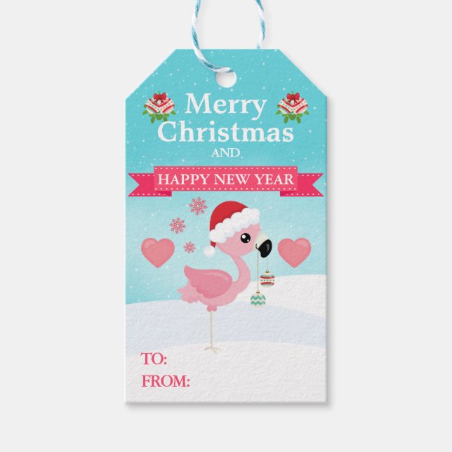 Pink and Red Christmas Flamingo Winter Presentetikett (Framsidan)