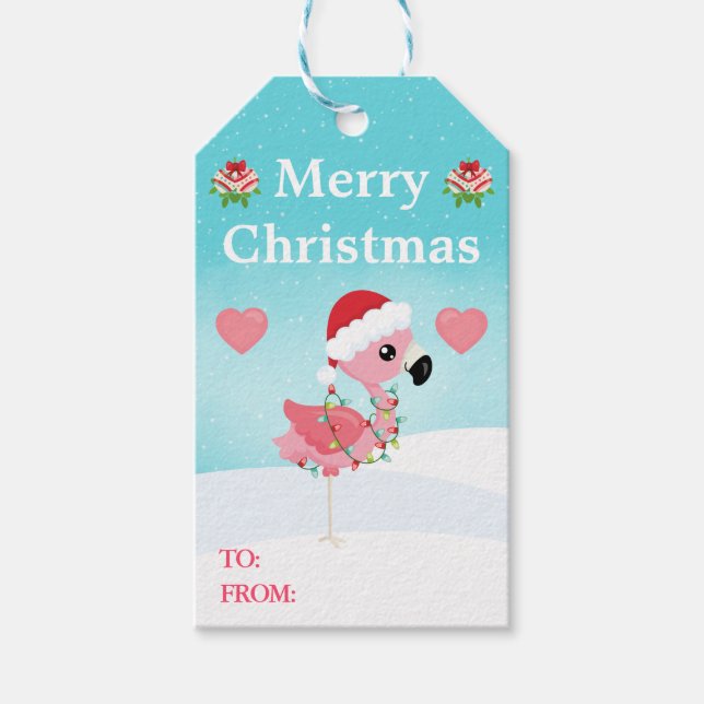 Pink and Red Christmas Flamingo Winter Presentetikett (Framsidan)