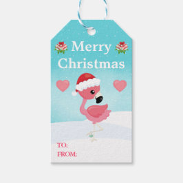 Pink and Red Christmas Flamingo Winter Presentetikett