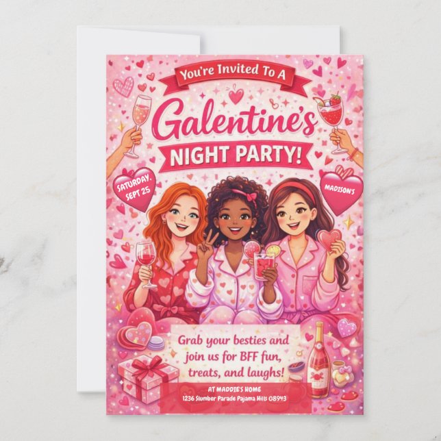 Pink and Red Galentine's Night Party Invitation Inbjudningar (Framsida)