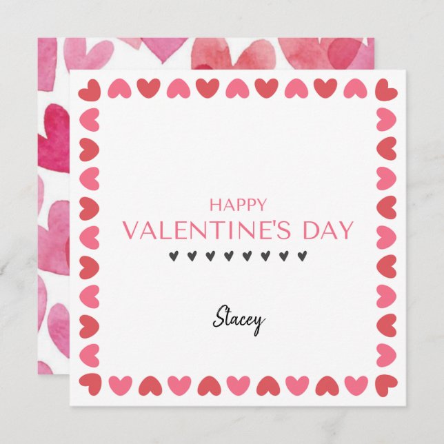 Pink and Red Heart Square Valentine Card (Fram/baksida)