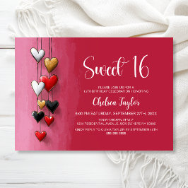 Pink and Red Heart Theme Sweet 16 Birthday Inbjudningar
