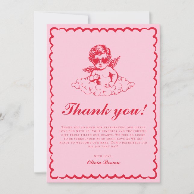 Pink and Red Retro Cherub Baby Shower Tack Kort (Framsida)