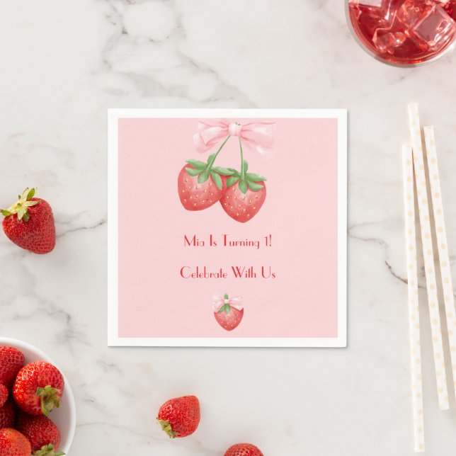 Pink and Red strawberries girl birthday  Pappersservett (Insitu)
