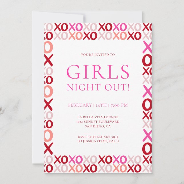 Pink and Red XOXO Girls night out Galentine's day Inbjudningar (Framsida)