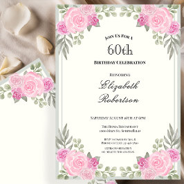 Pink and Sage Green Floral 60th Birthday Inbjudningar
