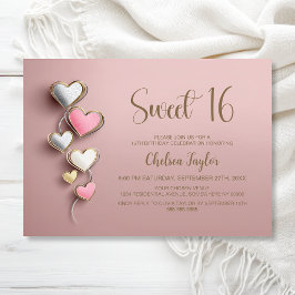 Pink and Silver Heart Theme Sweet 16 Birthday Inbjudningar