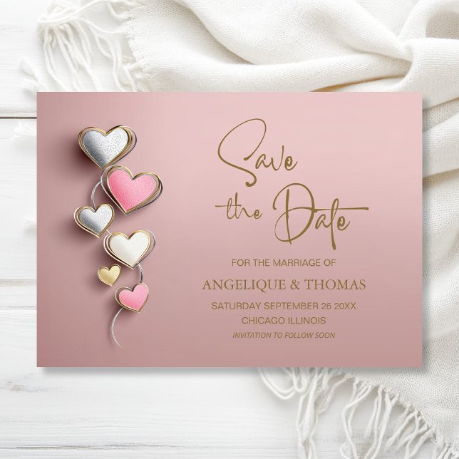 Pink and Silver Hearts Wedding Save the Date Spara Datumet (Skapare uppladdad)