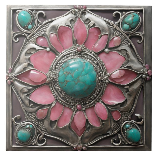 Pink and Teal Art Nouveau Mosaic Tile Pattern Kakelplatta (Framsidan)
