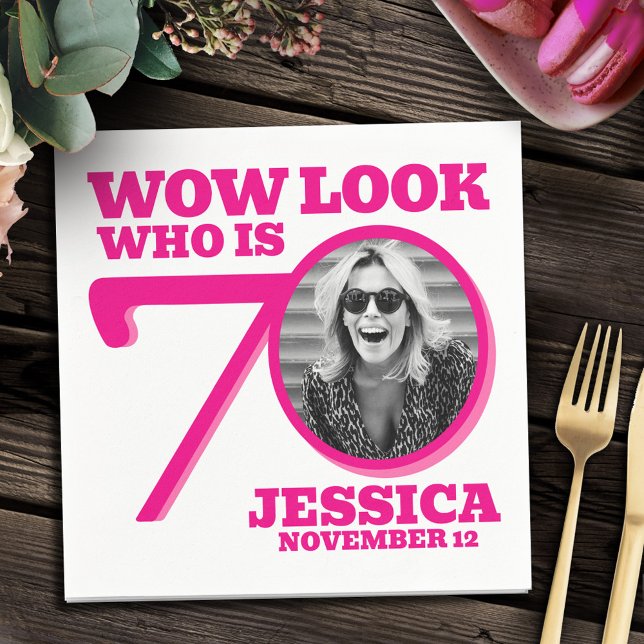 Pink and white 70th birthday photo look who is  pappersservett (Skapare uppladdad)