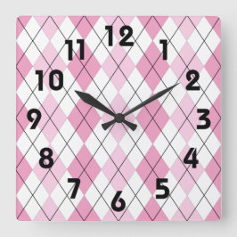Pink and White Argyle Wall Clock Fyrkantig Klocka