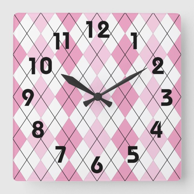 Pink and White Argyle Wall Clock Fyrkantig Klocka (Framsida)