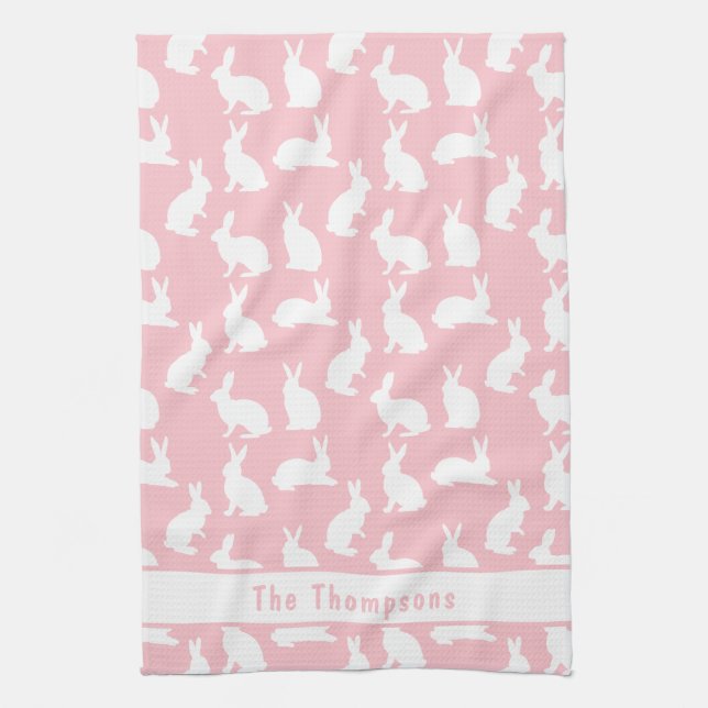 Pink And White Bunny Pattern And Name Easter Kökshandduk (Vertikal)