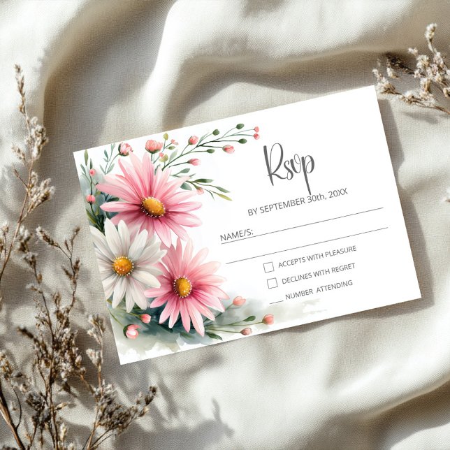 Pink and White Daisies Wedding RSVP OSA Kort (Skapare uppladdad)