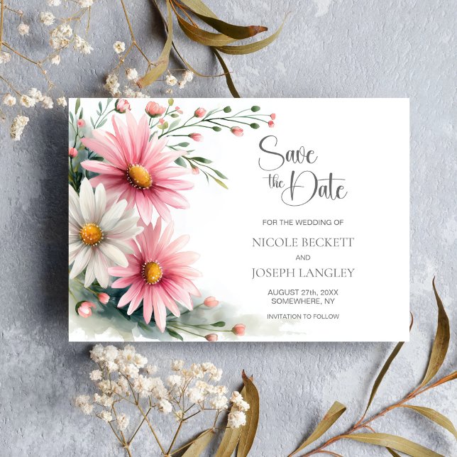 Pink and White Daisies Wedding Save the Date Spara Datumet (Skapare uppladdad)