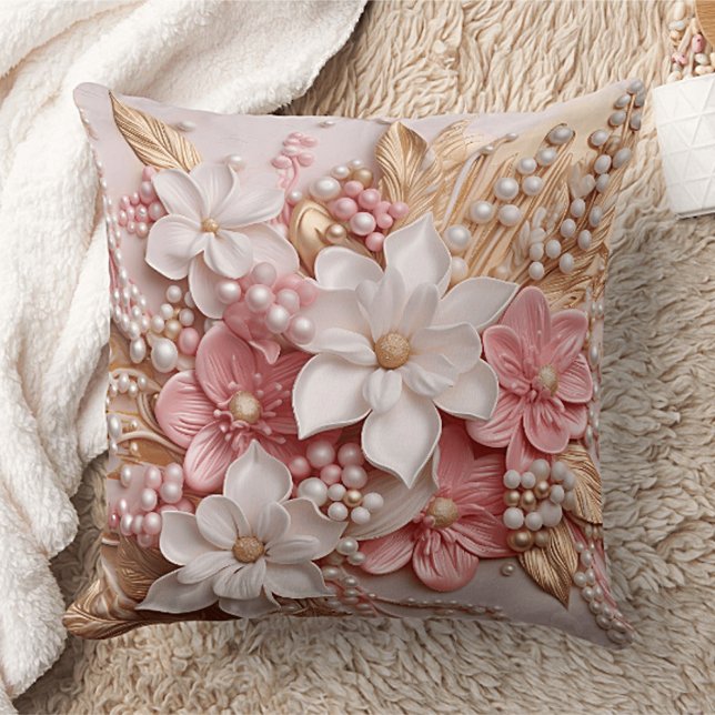 Pink and White Floral and Pearls Throw Pillow Kudde (Skapare uppladdad)