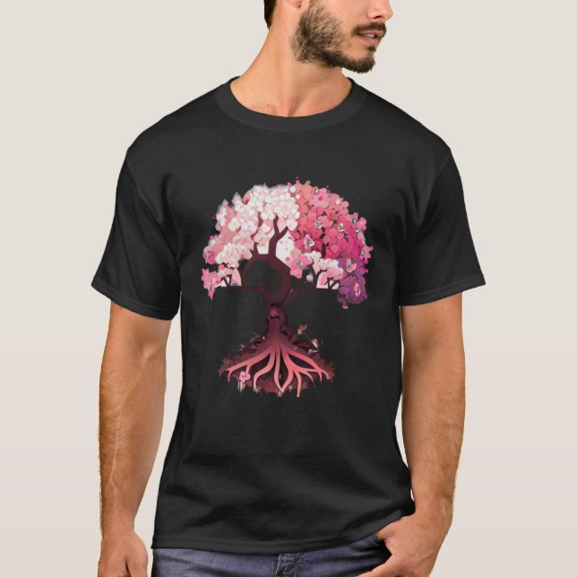 pink and white flowers cherry blossom tree of life t shirt (Framsida)