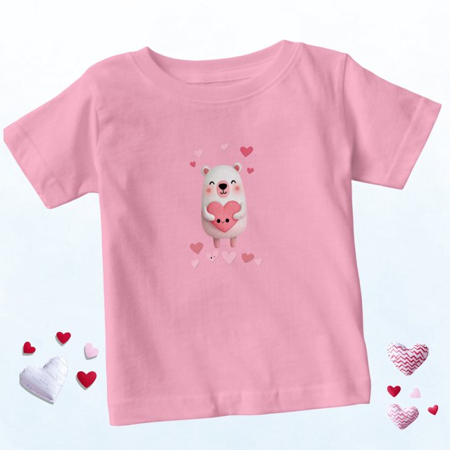 Pink and White  Kawaii Polar Bear with Hearts T Shirt (Skapare uppladdad)