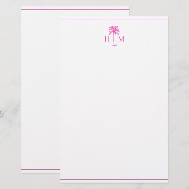 Pink and White Palm Palmetto Tree Monogram Brevpapper (Fram/baksida)