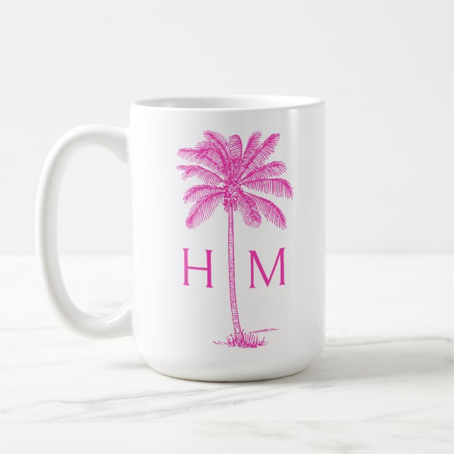  Pink and White Palm Palmetto Tree Monogram Kaffemugg (Vänster)