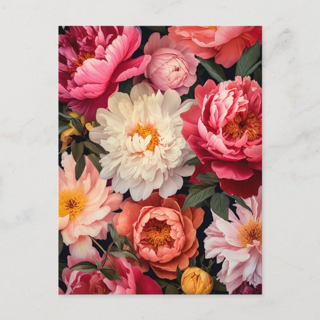 pink and white peony flowers with green leaves vykort (Framsida)