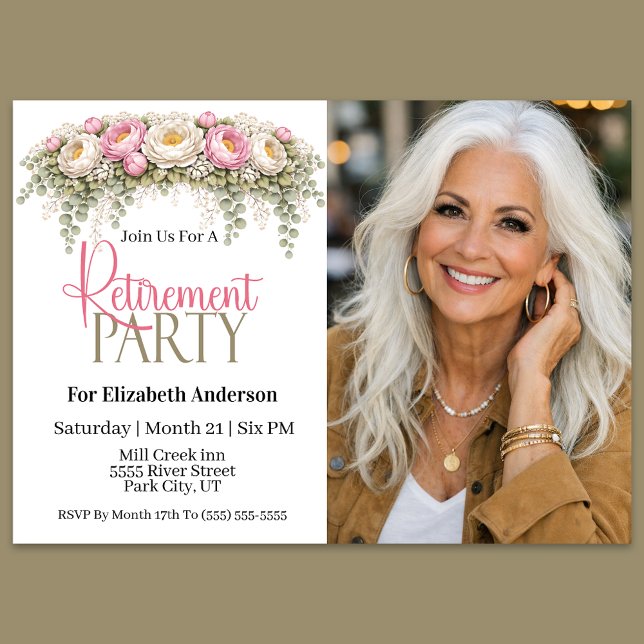 Pink and White Peony Retirement Party Inbjudningar (Elegant pink and white floral retirement party invitation)