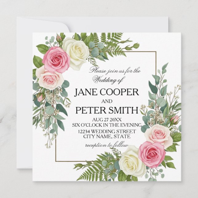 Pink and white roses Budget Wedding Invitation Inbjudningar (Framsida)