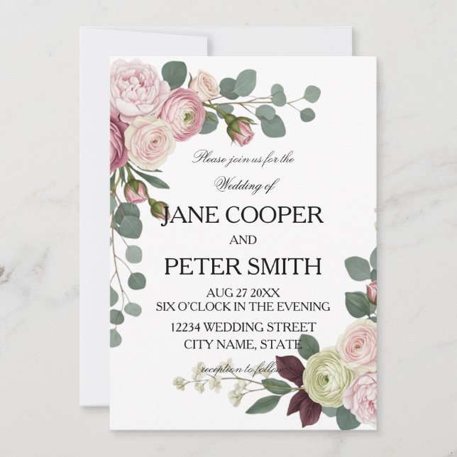 Pink and white roses Budget Wedding Invitation Inbjudningar (Framsida)