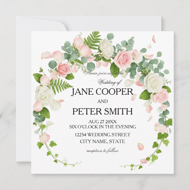 Pink and white roses Budget Wedding Invitation Inbjudningar (Framsida)