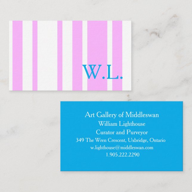 Pink and White Simple Stripes with Monogram Visitkort (Fram/baksida)