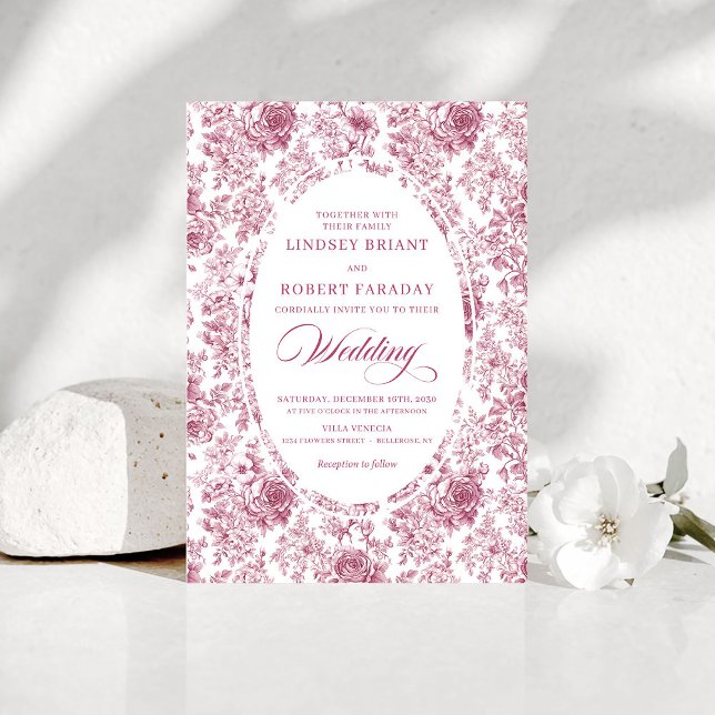 Pink and White Toile Roses Wedding Invitation Inbjudningar (Pink and White Toile Roses Wedding Invitation)