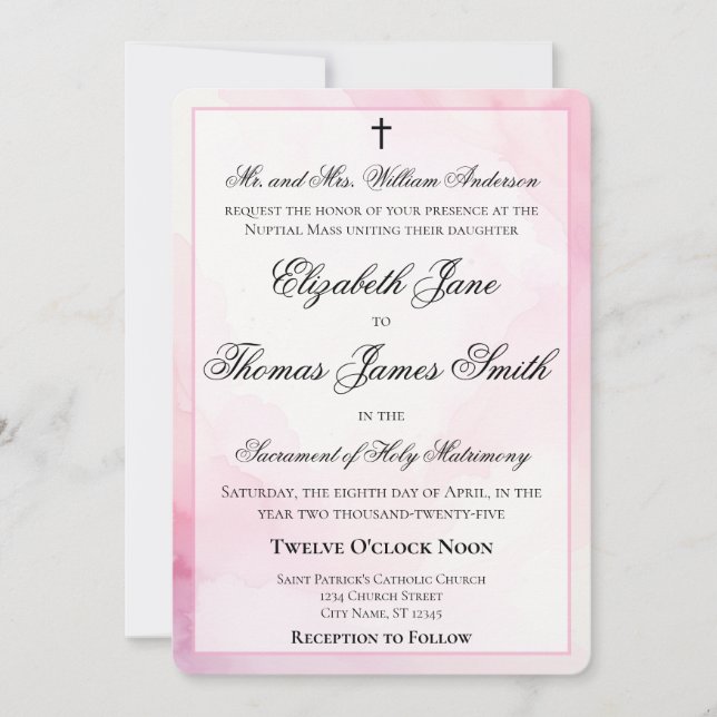 Pink and White Watercolor Catholic Wedding Inbjudningar (Framsida)