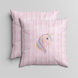 Pink and White Watercolor Stripes with Unicorn  Kudde