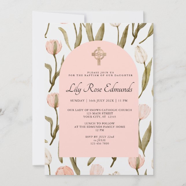 Pink and White Watercolor Tulips Baptism Invitatio Inbjudningar (Framsida)