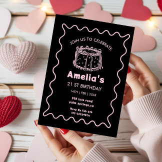 Pink and white Wavy Birthday hand drawn cake Inbjudningar