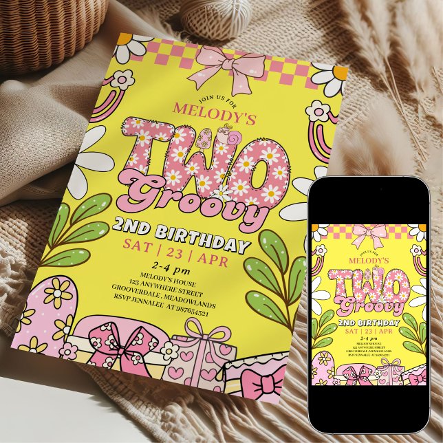 Pink and Yellow Daisy 2nd Birthday Retro Birthday Inbjudningar (Skapare uppladdad)
