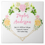 Pink and Yellow Floral Baby Birth Stats Kakelplatta<br><div class="desc">This fun and whimsical tile features watercolor pink, yellow and white flowers with foliage on a gold geometric frame. The text combines handwritten script and serif fonts for a stylish and modern look. It can be personalized with your baby's birth stats, such as name, size, date and time of birth,...</div>