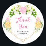 Pink and Yellow Floral Wedding Thank You Runt Klistermärke<br><div class="desc">This beautiful and elegant wedding thank you sticker features watercolor pink,  yellow and white flowers with foliage on a gold geometric frame. The text combines handwritten script and serif fonts for a stylish and modern look. This is perfect for a spring or summer rustic wedding.</div>