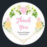 Pink and Yellow Floral Wedding Thank You Runt Klistermärke<br><div class="desc">This beautiful and elegant wedding thank you sticker features watercolor pink,  yellow and white flowers with foliage on a gold geometric frame. The text combines handwritten script and serif fonts for a stylish and modern look. This is perfect for a spring or summer rustic wedding.</div>