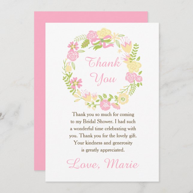 Pink and Yellow Floral Wreath Bridal Shower Tack Kort (Fram/baksida)